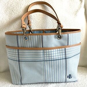 Ralph Lauren Light Blue Houndstooth Tote with Tan Trim